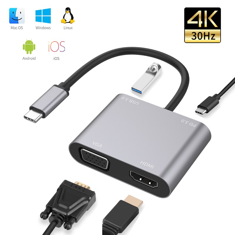 USB to VGA ȯ USB C to HDMI ȣȯ VGA , ٱ ŷ ̼, USB 3.0 , ȭ , 4K @ 30Hz